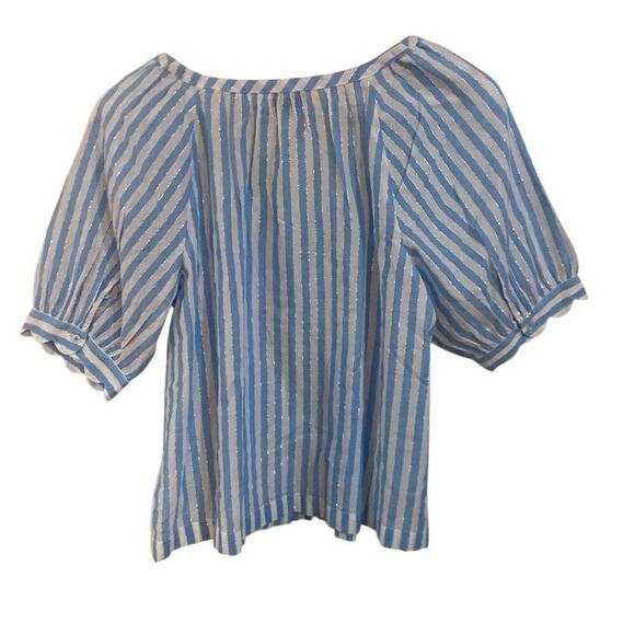 Talbots puff sleeve white and blue striped scalloped sleeve small metallic - Picture 4 of 5